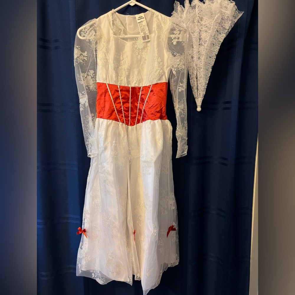 Mary Poppins White and Red Lace Costume with gloves, hat and parasol